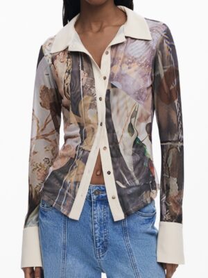 CAMISA DE MANGA LARGA DE MUJER DESIGUAL, BEIGE